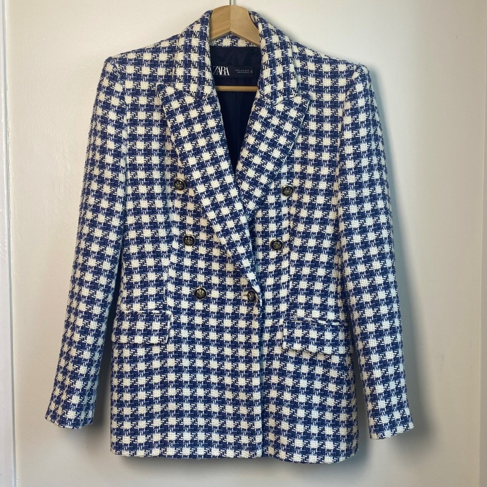 Zara Tweed Blazer Women Size S Blue White Houndstooth Double Breasted Preppy